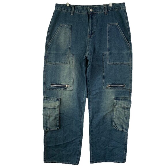 Manfinity EMRG Cargo Pants Men X Large Blue Denim Jean Loose Fit Grunge Skater - Picture 1 of 16